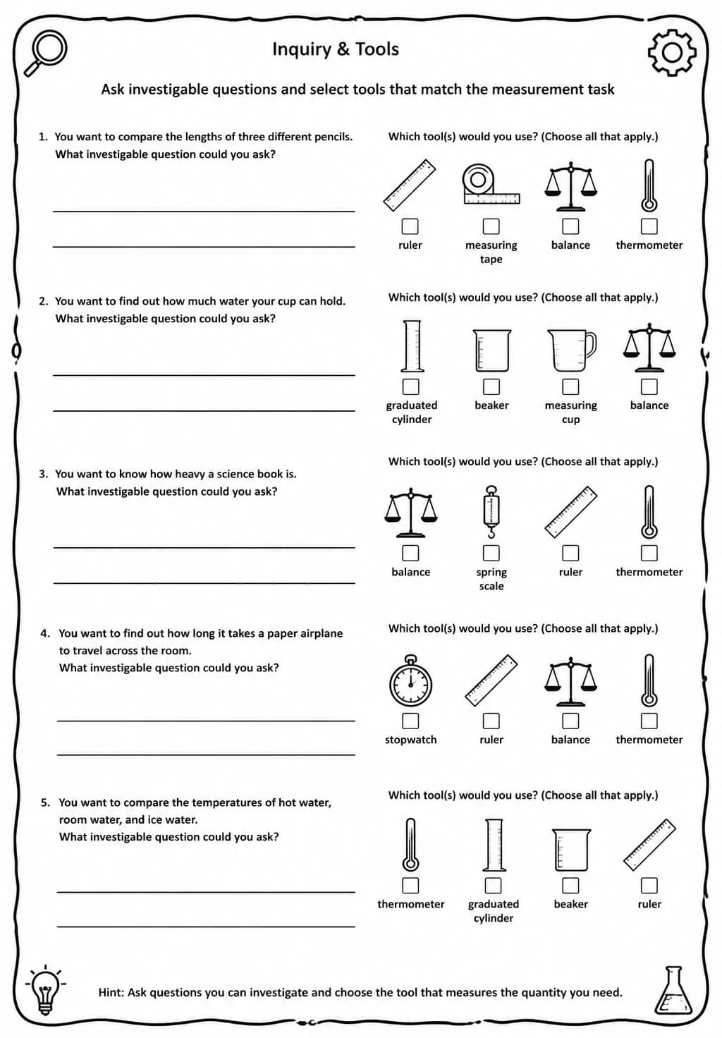 Ask investigable questions and select tools that match the measurement task — free printable High School Science worksheet