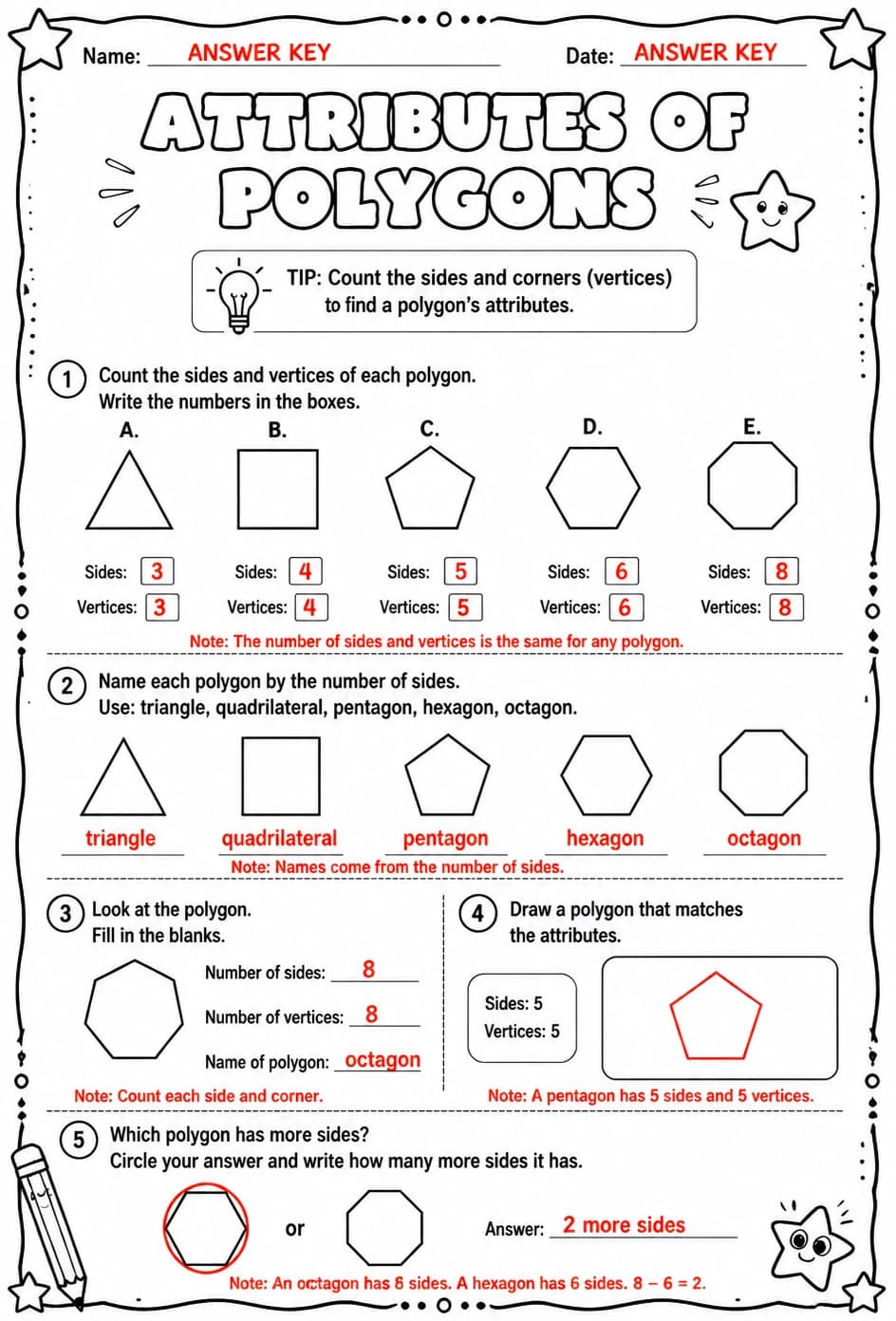 Answer key for Attributes of polygons — free printable Math worksheet