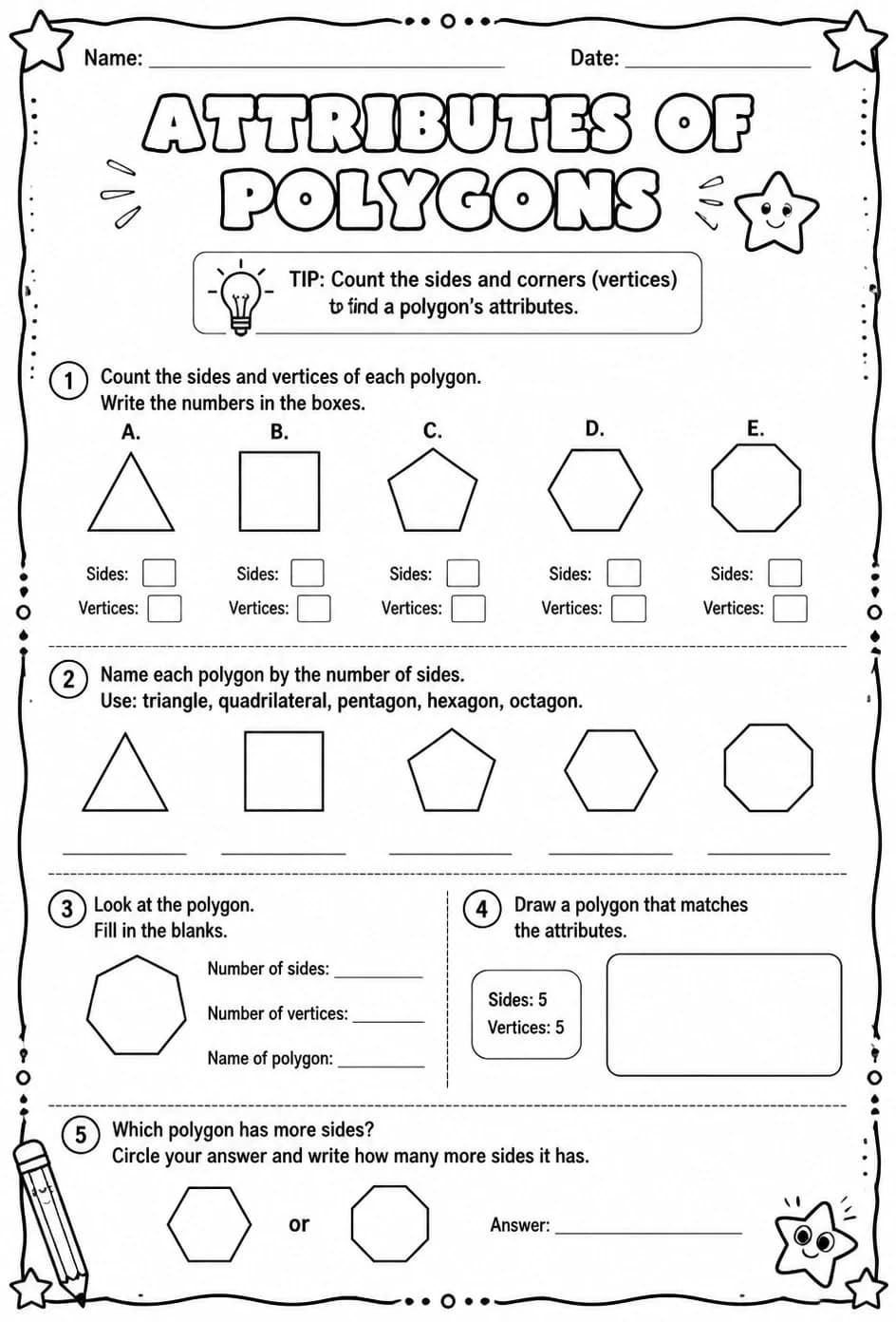 Attributes of polygons — free printable Grade 3 math worksheet