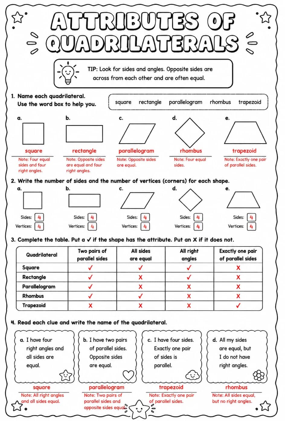 Answer key for Attributes of quadrilaterals — free printable Math worksheet