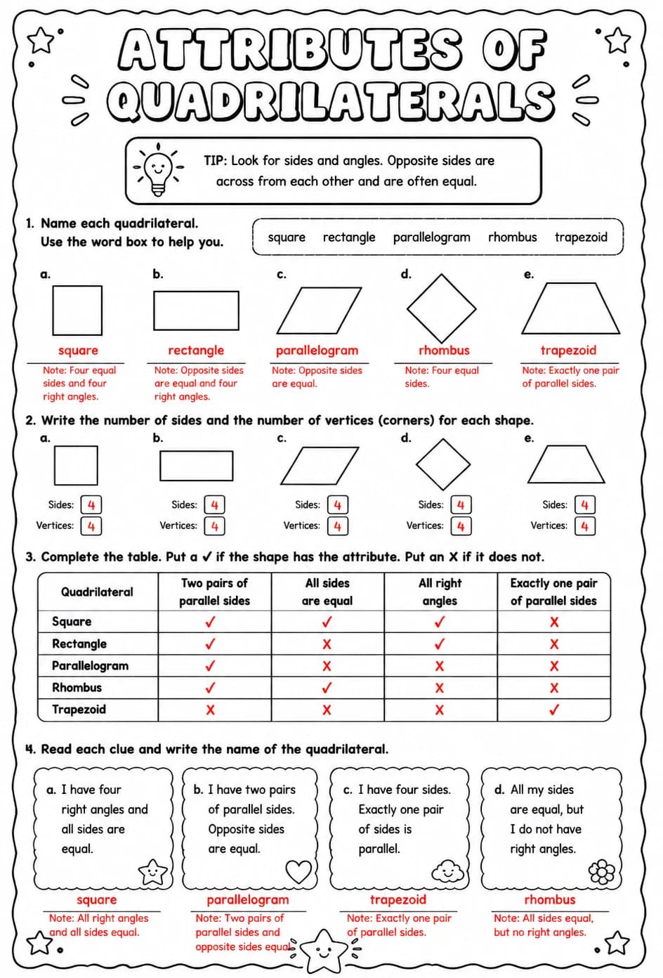 Answer key for Attributes of quadrilaterals — free printable Math worksheet