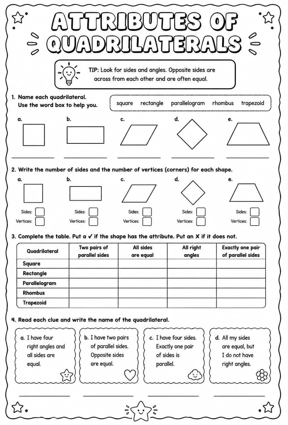 Attributes of quadrilaterals — free printable Grade 3 math worksheet