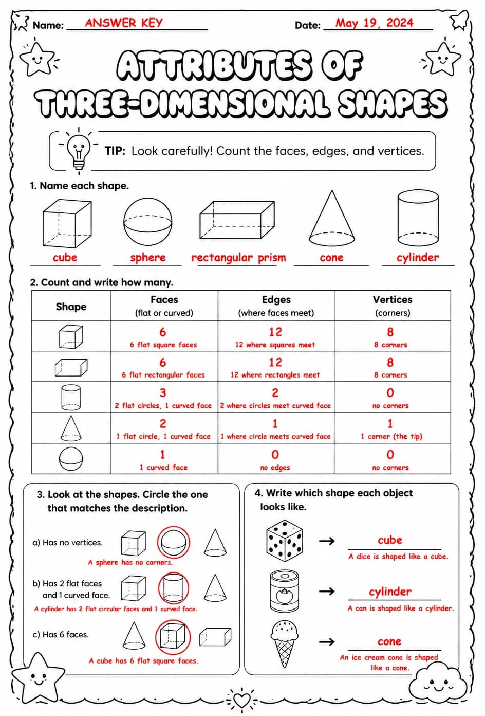 Answer key for Attributes of three-dimensional shapes — free printable Math worksheet
