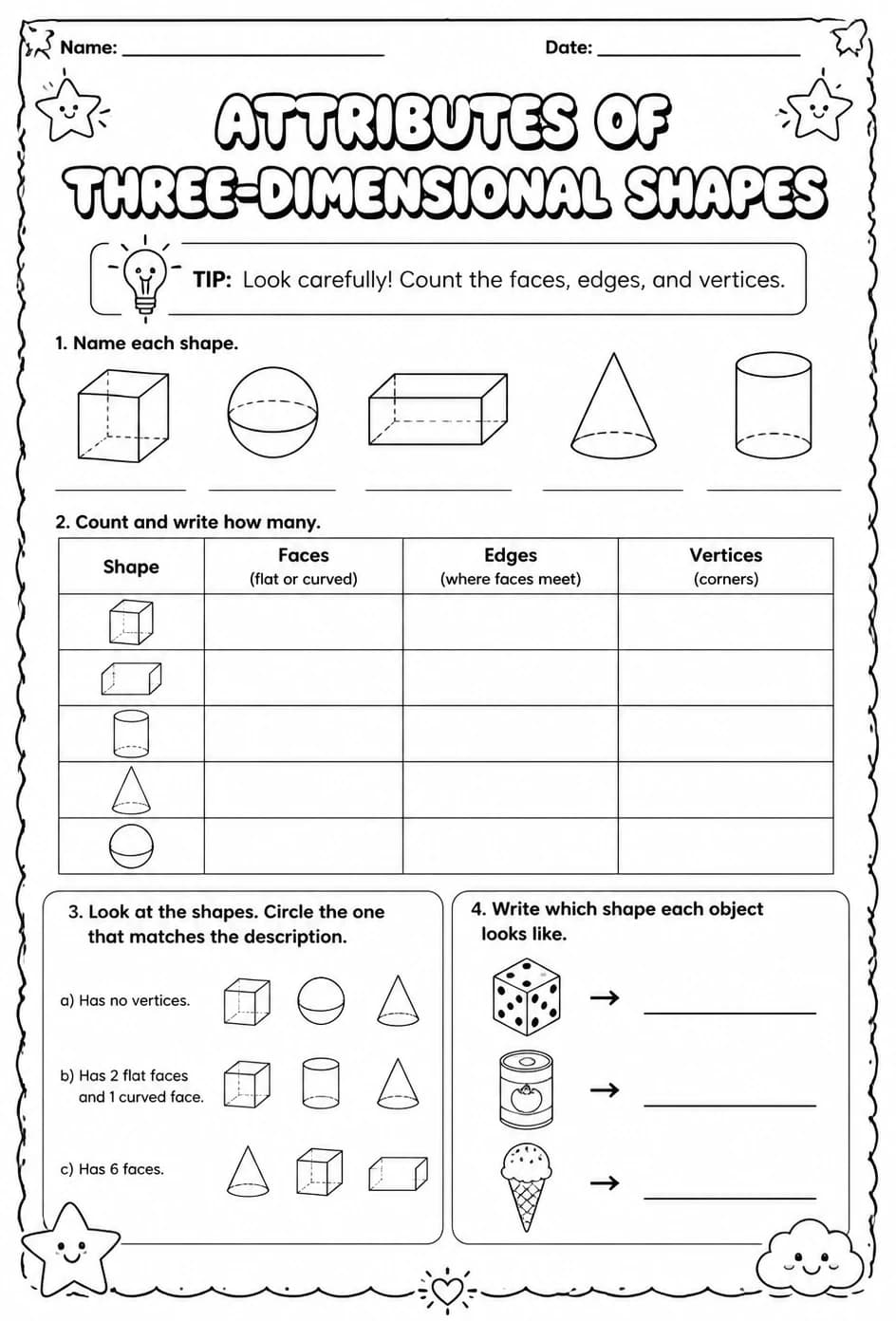 Attributes of three-dimensional shapes — free printable Grade 1 math worksheet