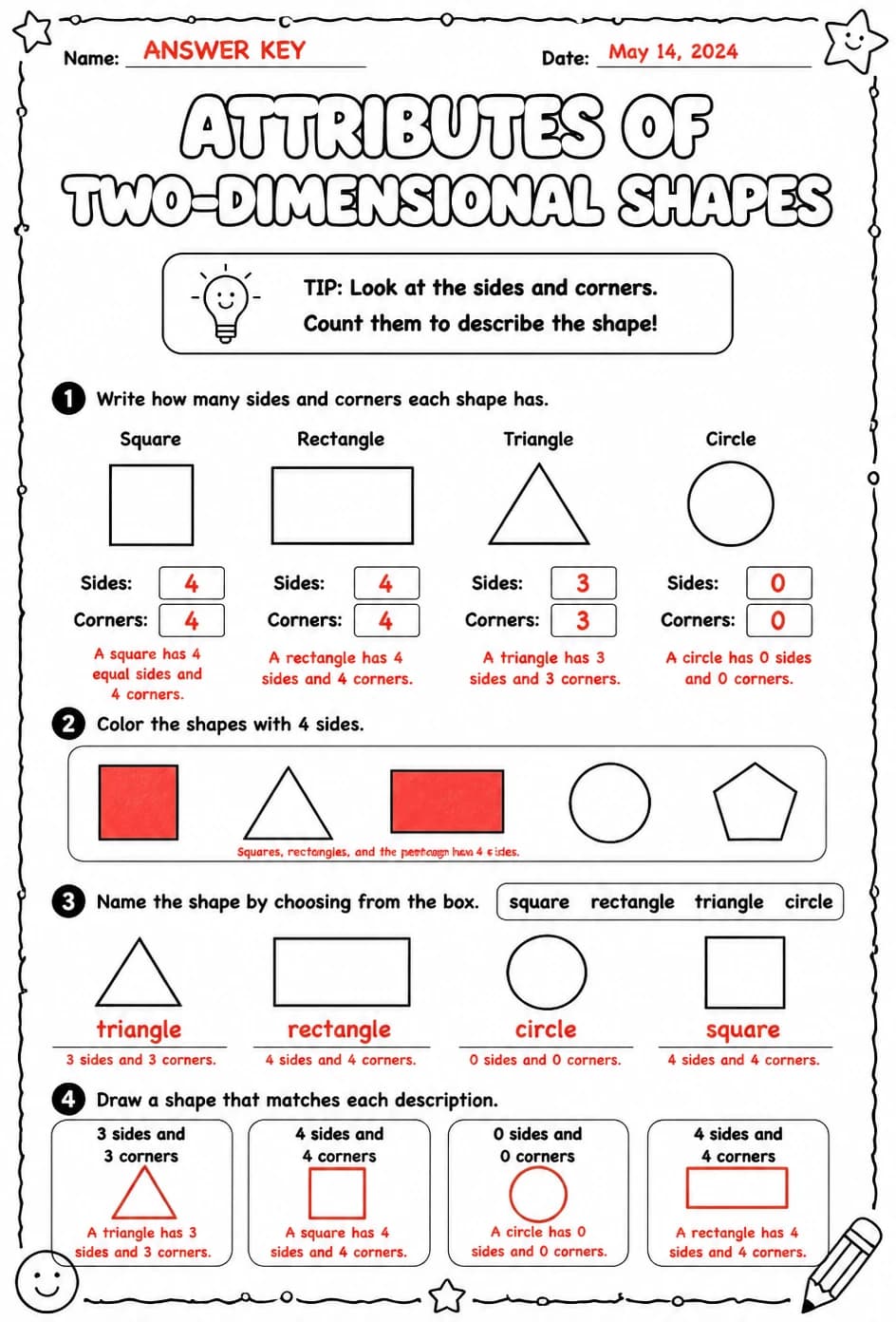 Answer key for Attributes of two-dimensional shapes — free printable Math worksheet