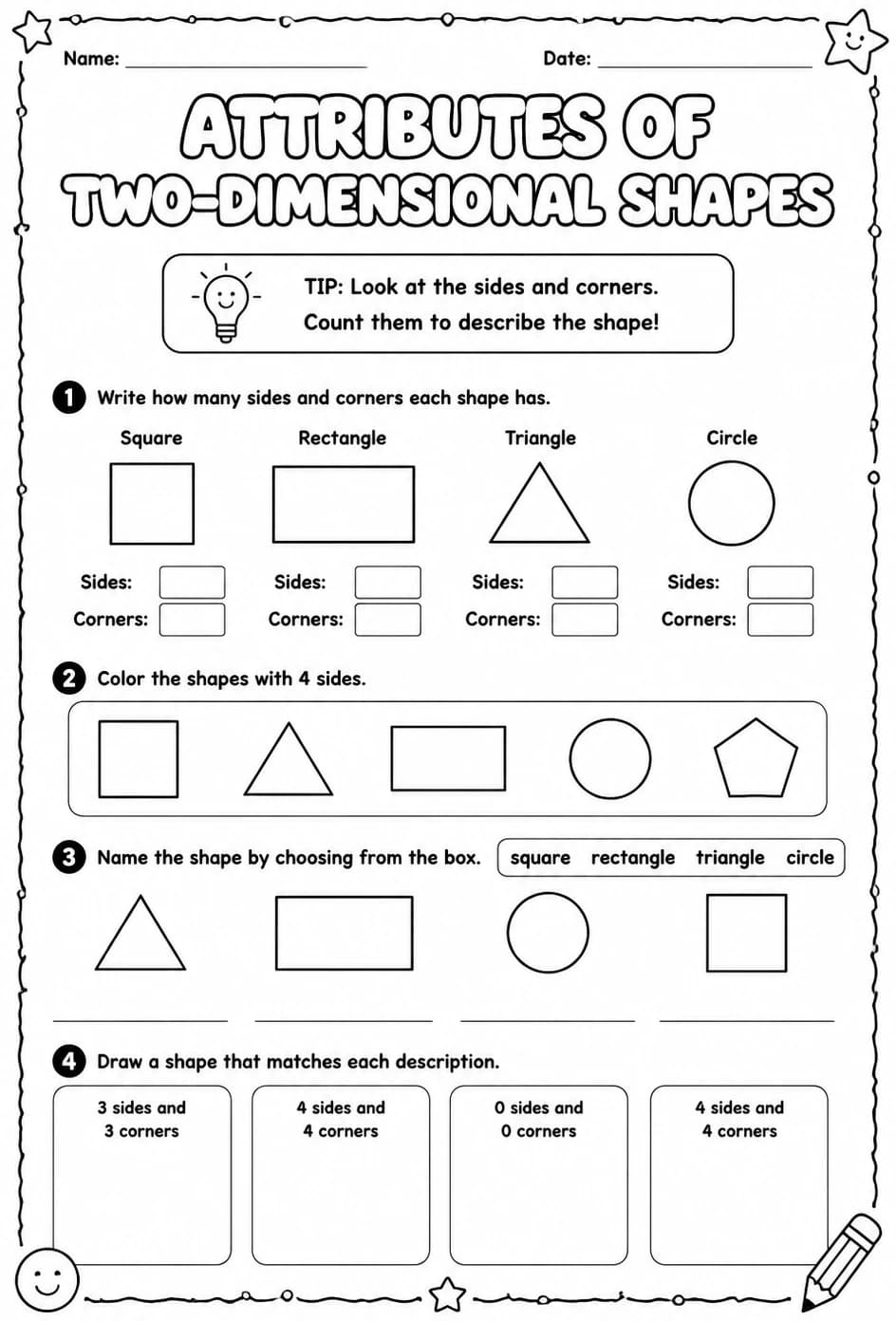 Attributes of two-dimensional shapes — free printable Grade 1 math worksheet