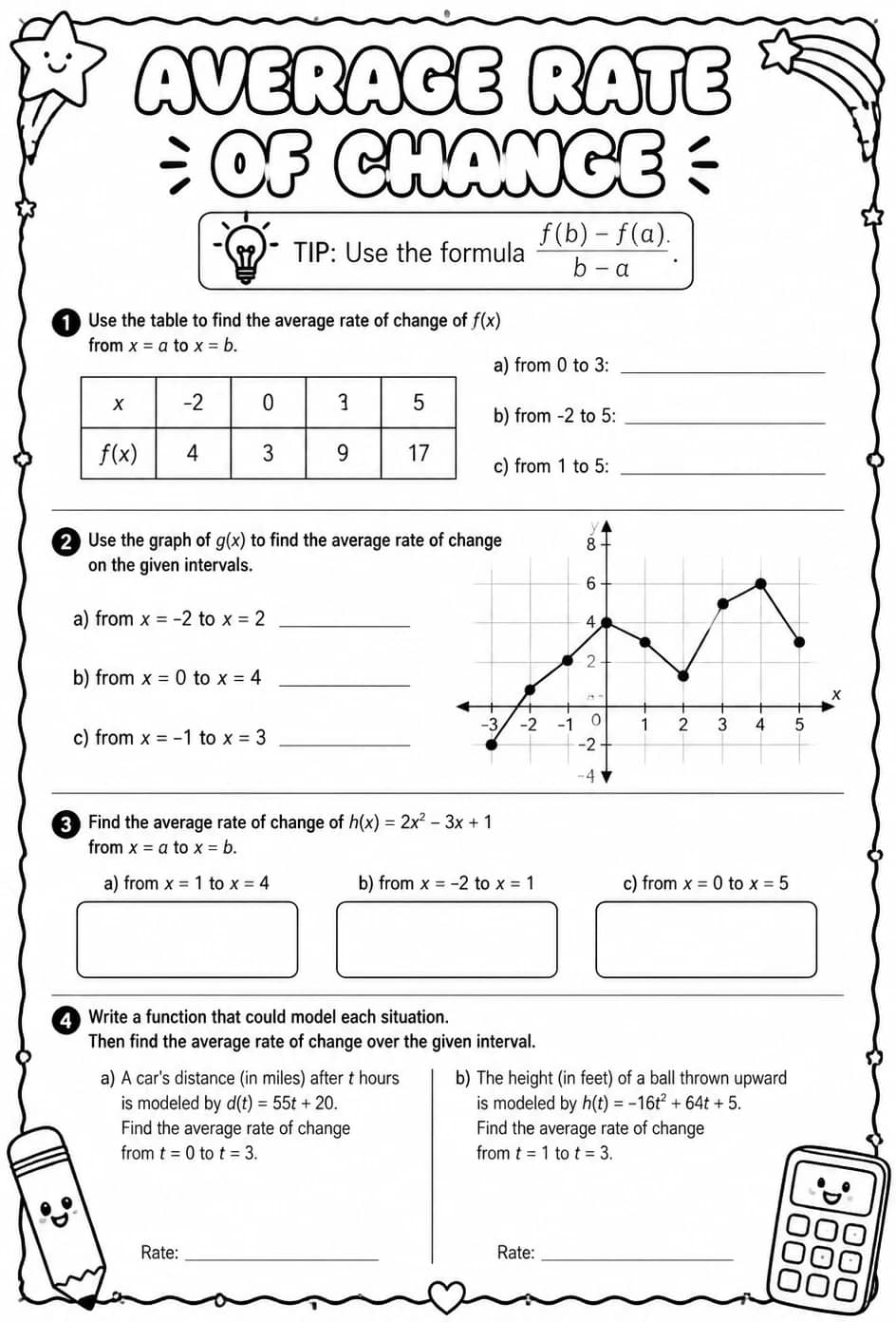 Average rate of change — free printable Algebra 2 math worksheet