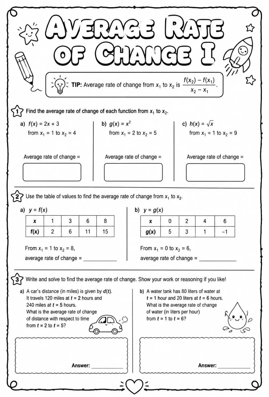 Average rate of change I — free printable Calculus math worksheet