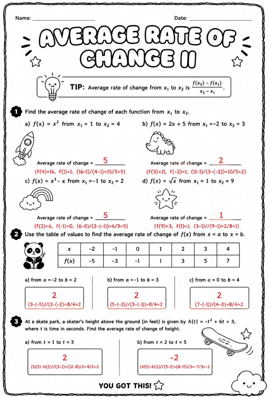 Answer key for Average rate of change II — free printable Math worksheet