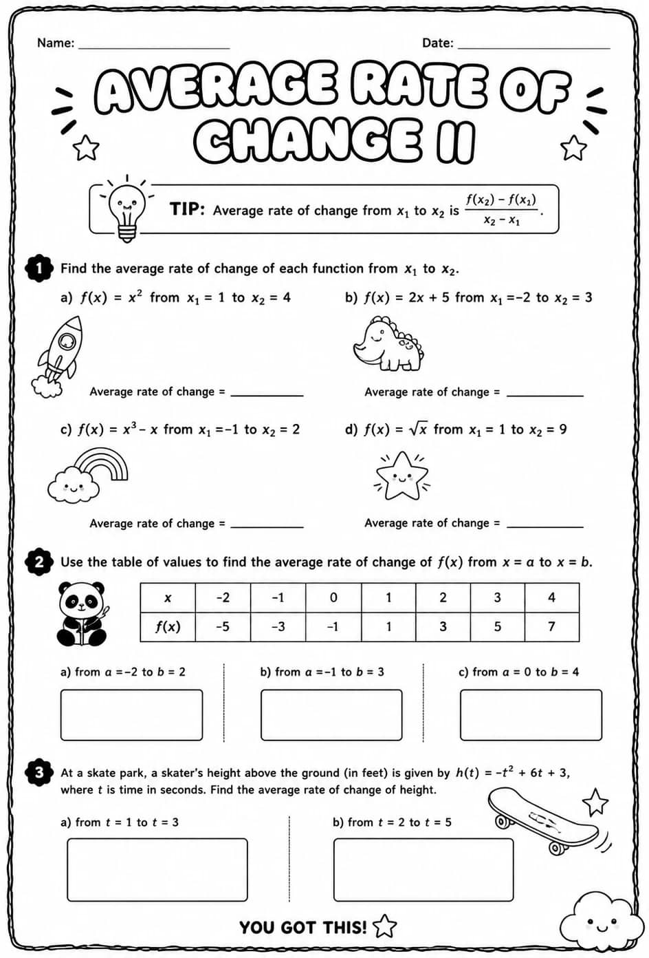 Average rate of change II — free printable Calculus math worksheet
