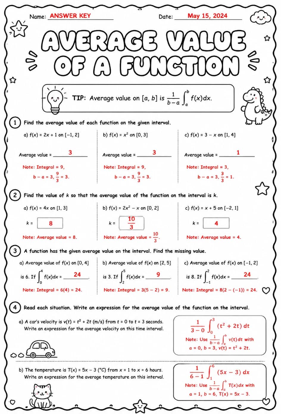 Answer key for Average value of a function — free printable Math worksheet