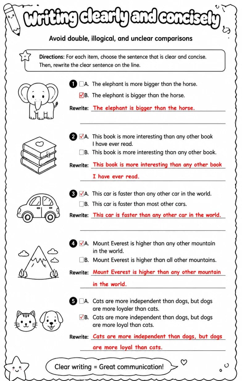 Answer key for Avoid double, illogical, and unclear comparisons — free printable English & Reading worksheet