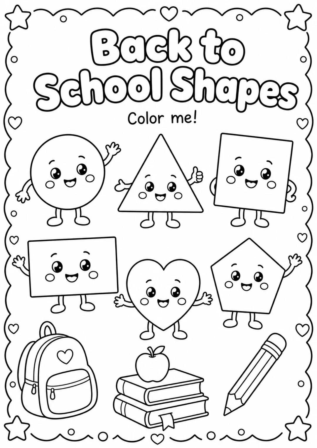 Back to School Shapes Coloring Page — free printable Grade 1 Math worksheet