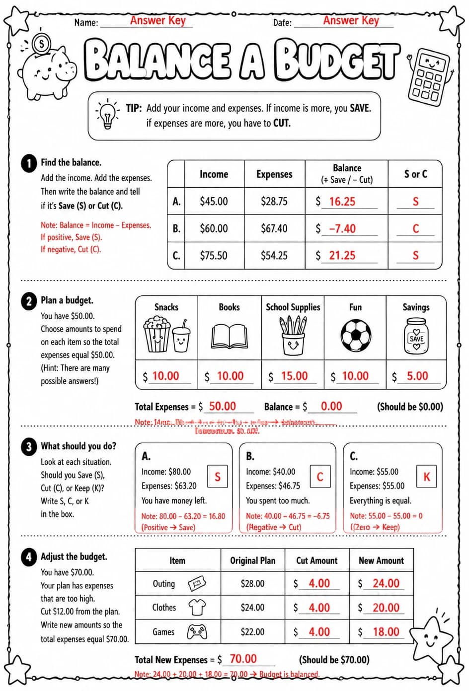 Answer key for Balance a budget — free printable Math worksheet