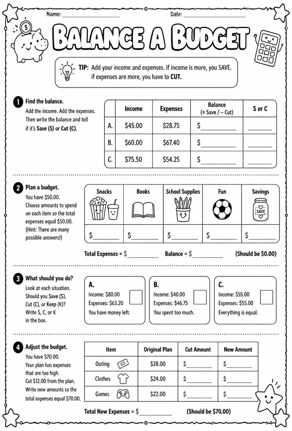 Balance a budget — free printable Grade 5 math worksheet