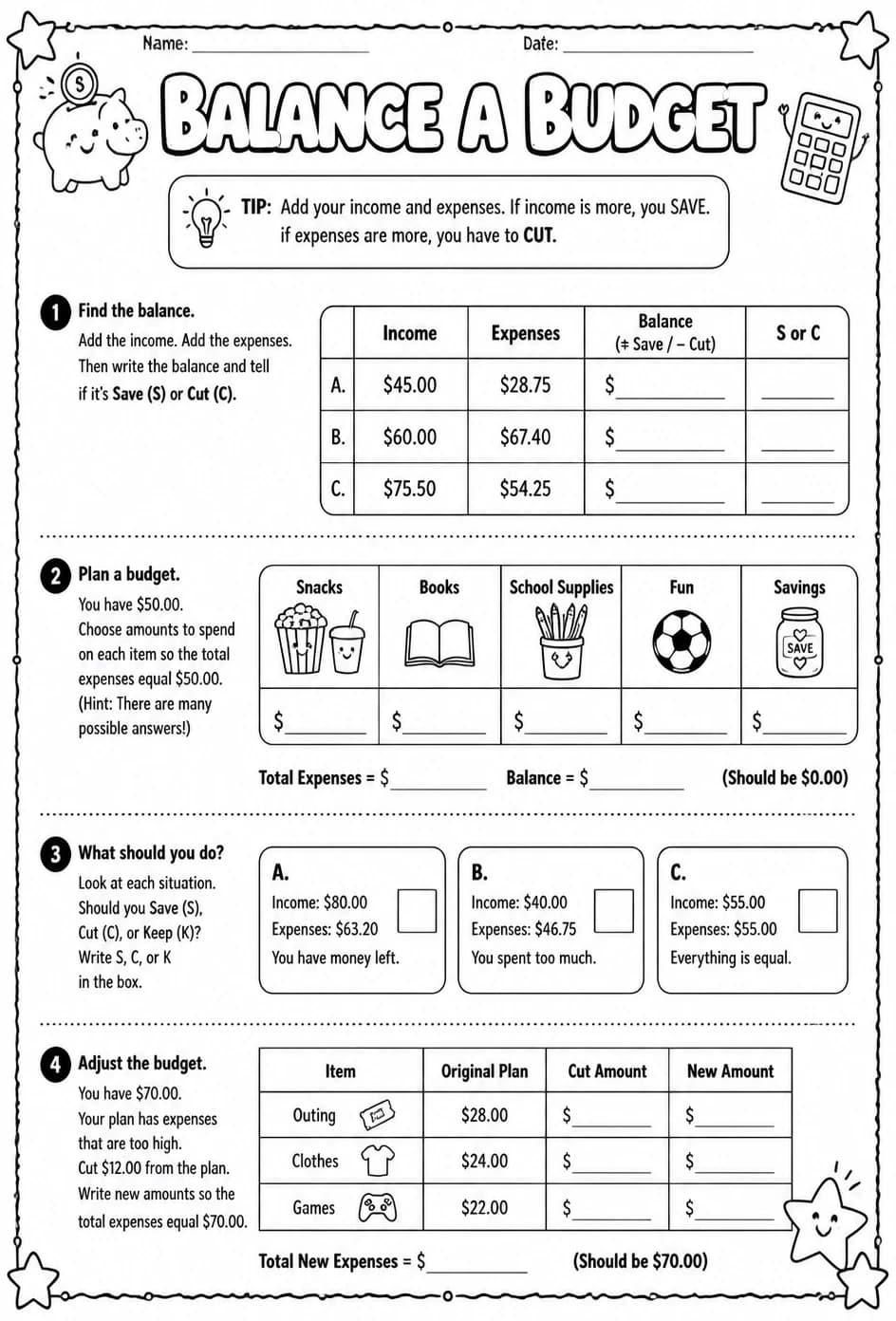 Balance a budget — free printable Grade 5 math worksheet