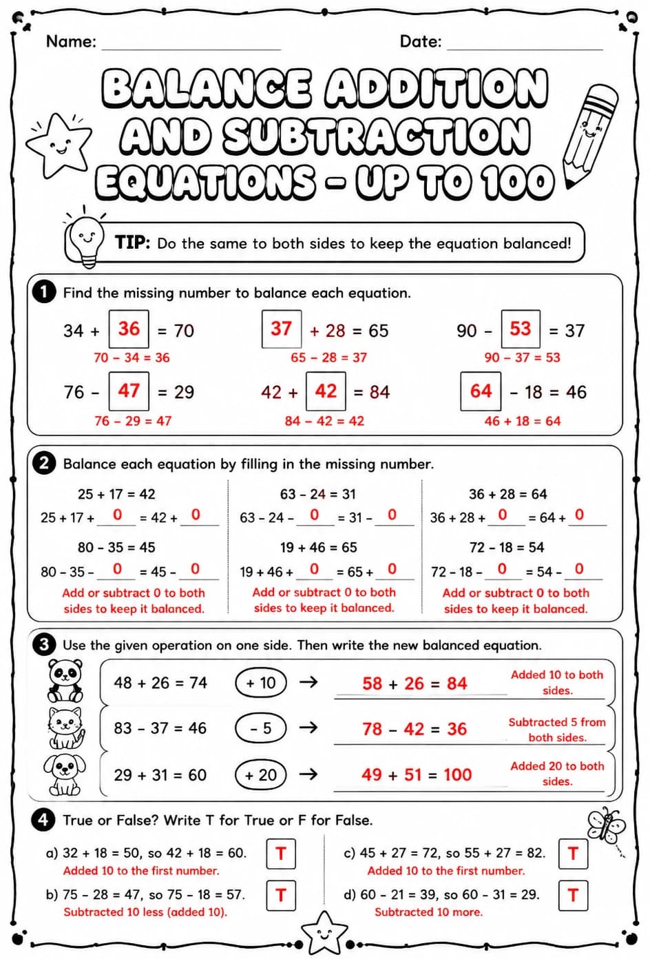 Answer key for Balance addition and subtraction equations - up to 100 — free printable Math worksheet