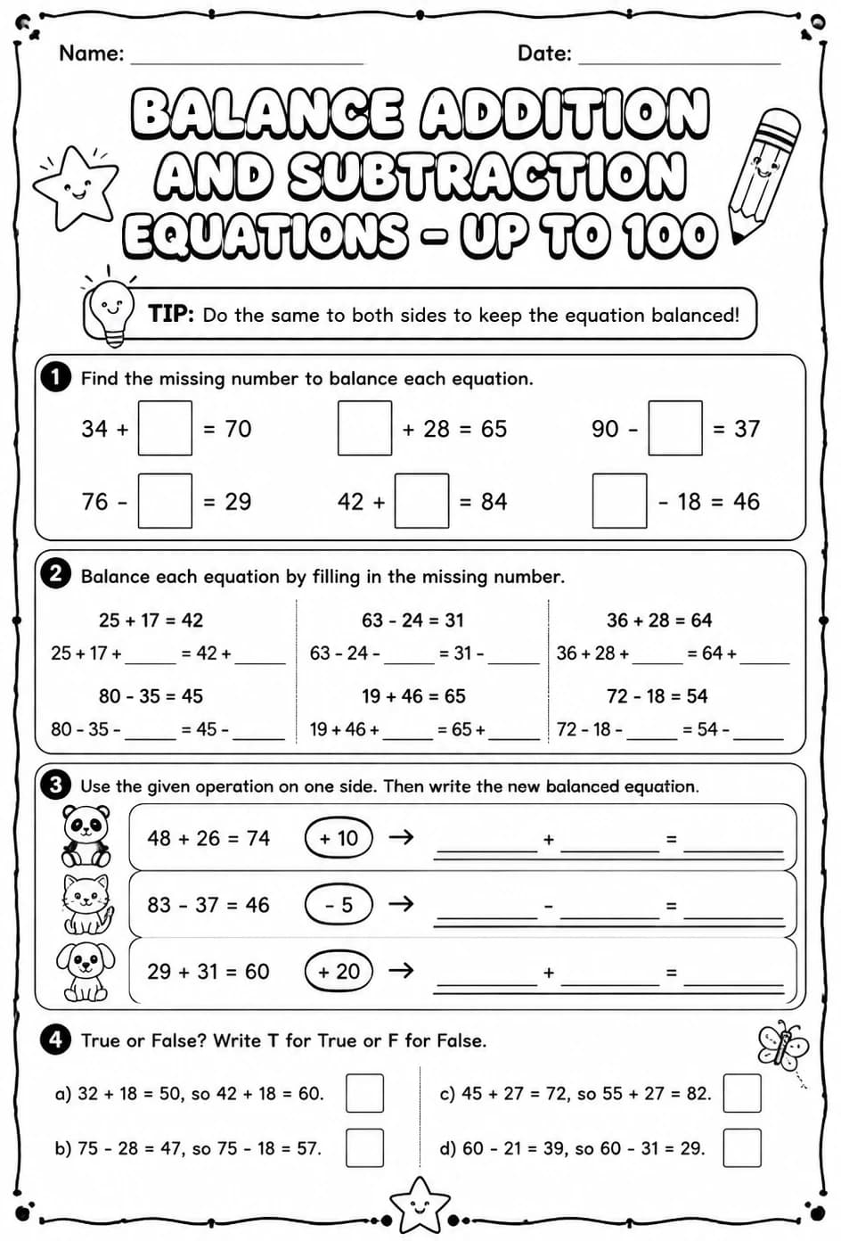 Balance addition and subtraction equations - up to 100 — free printable Grade 2 math worksheet