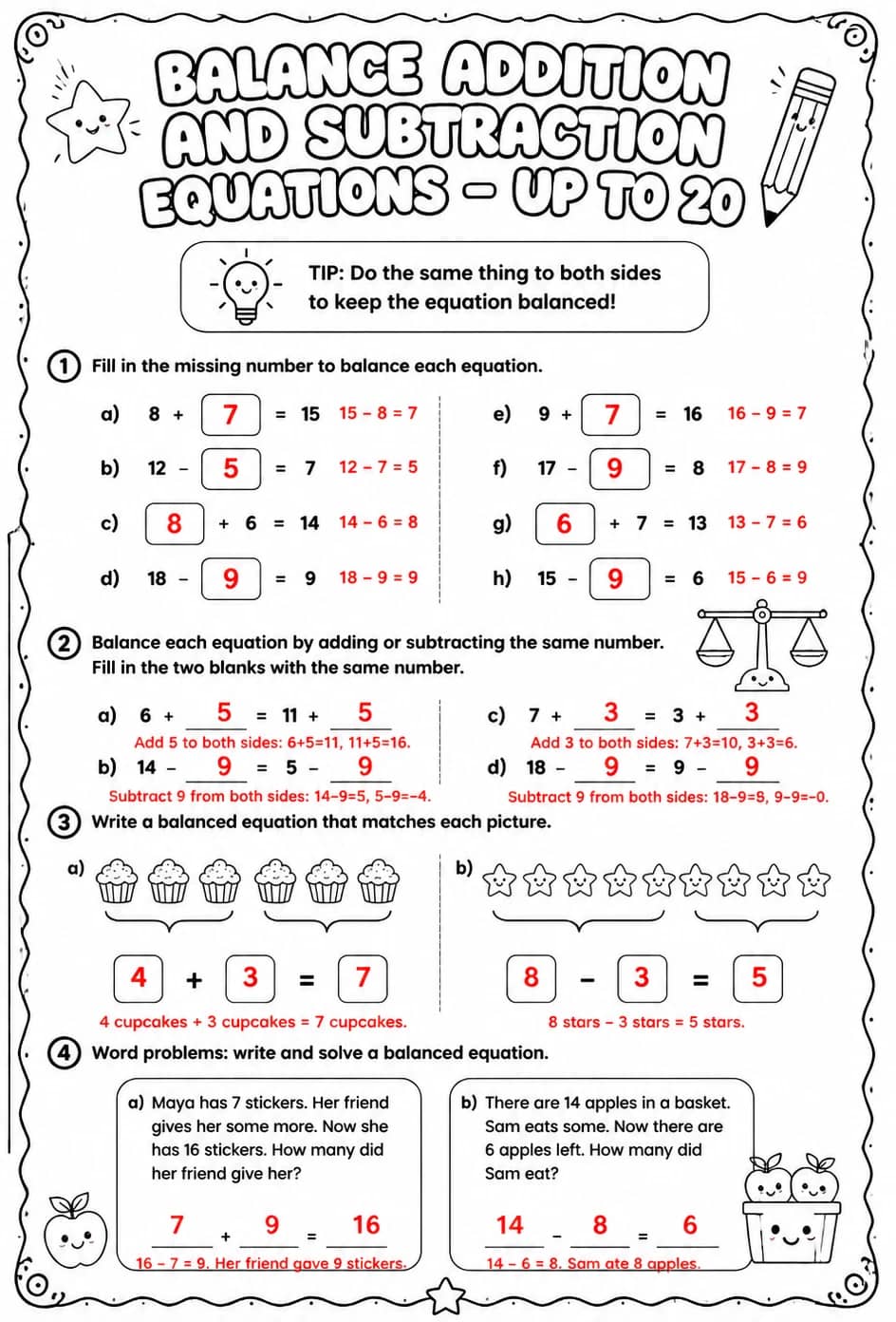 Answer key for Balance addition and subtraction equations - up to 20 — free printable Math worksheet