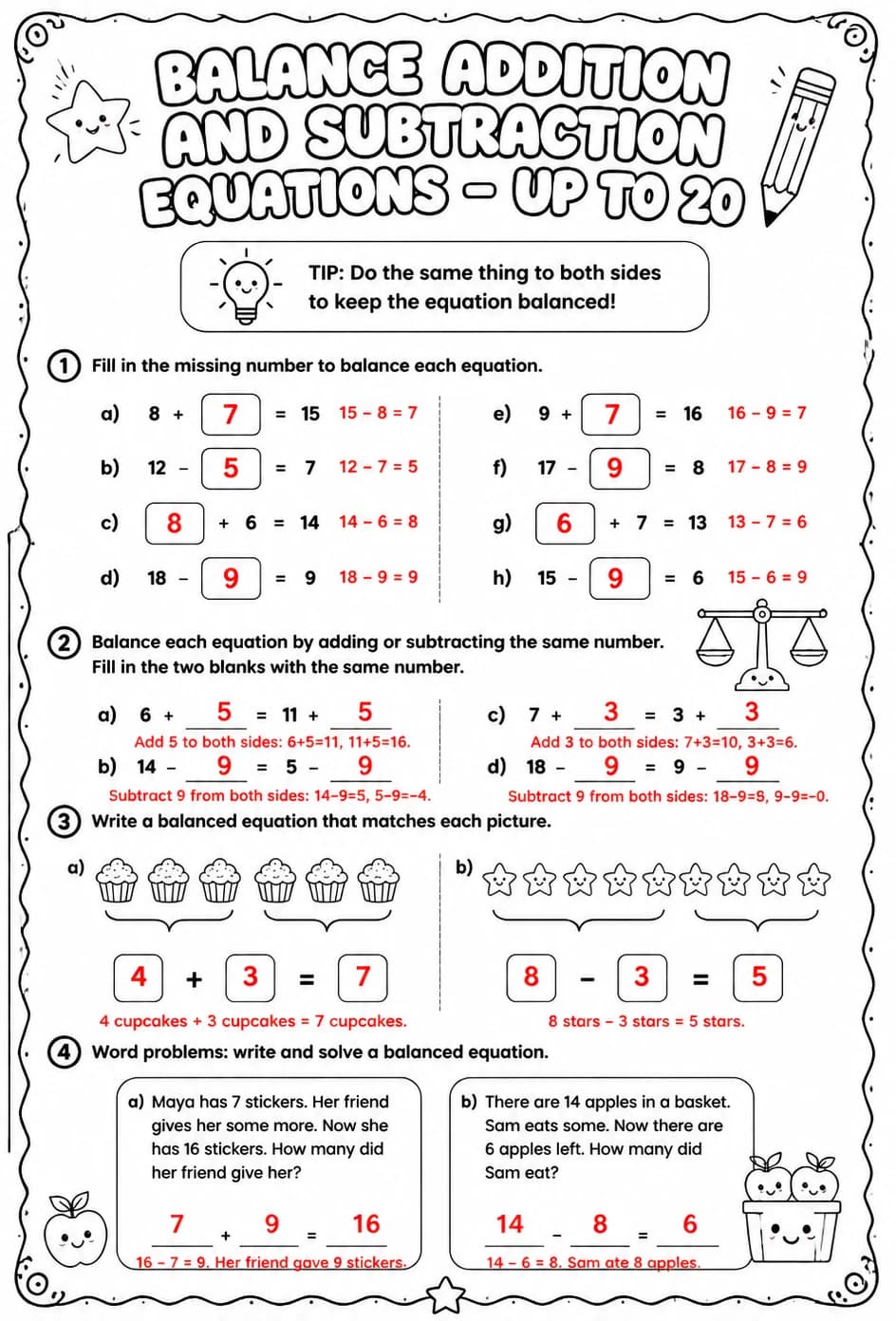 Answer key for Balance addition and subtraction equations - up to 20 — free printable Math worksheet