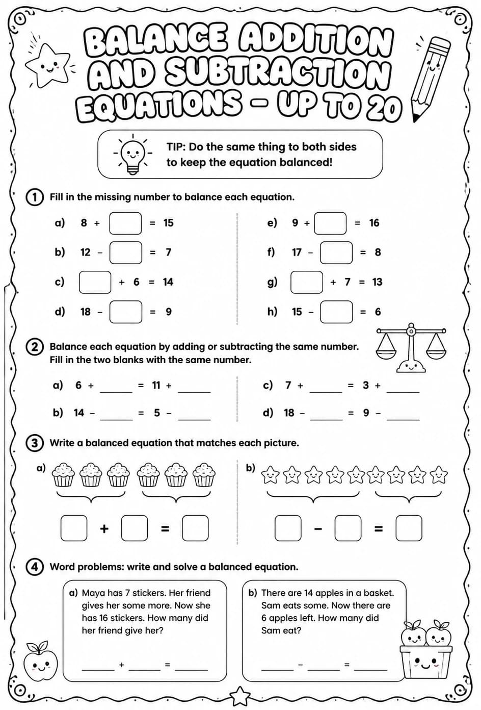 Balance addition and subtraction equations - up to 20 — free printable Grade 2 math worksheet