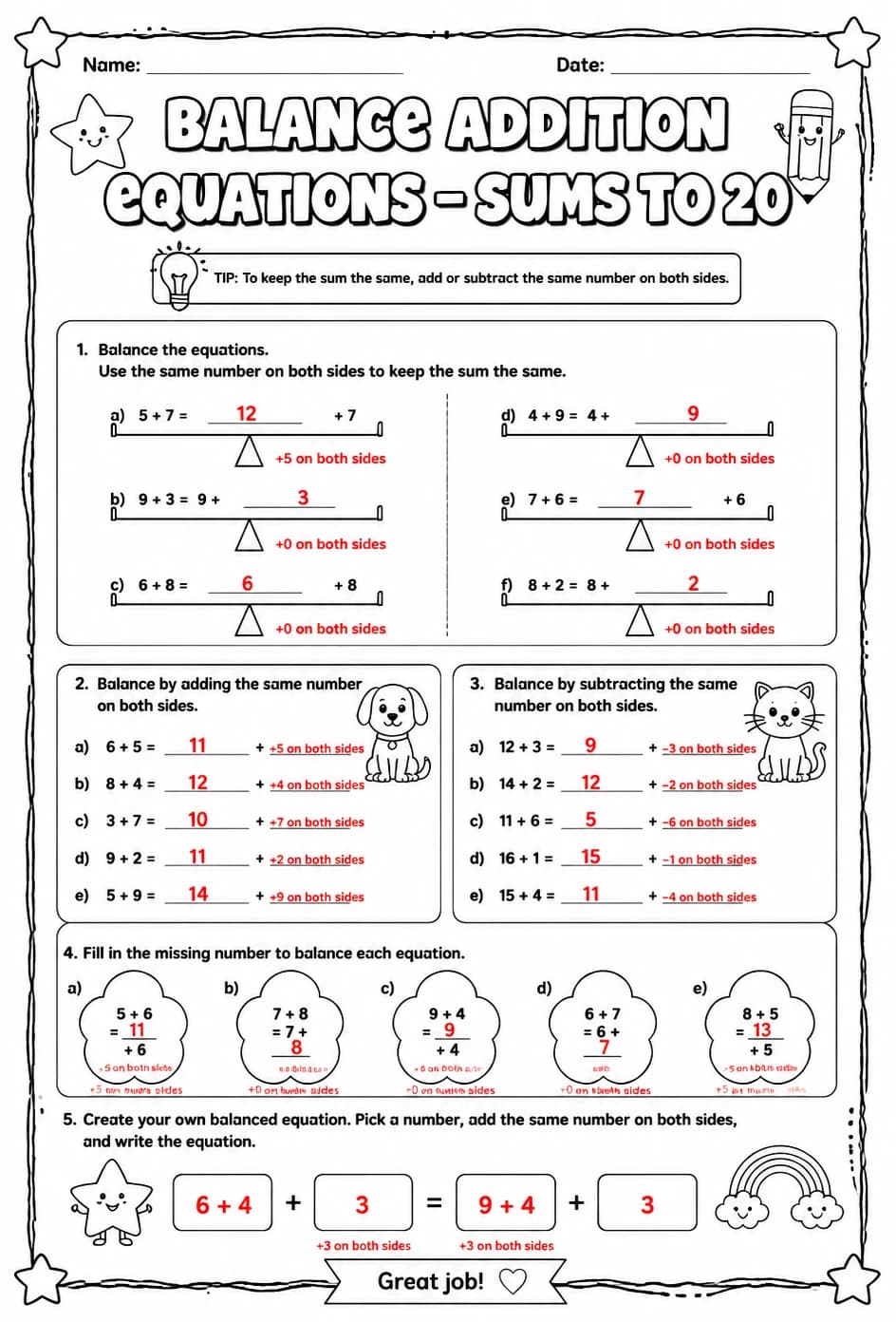 Answer key for Balance addition equations - sums to 20 — free printable Math worksheet