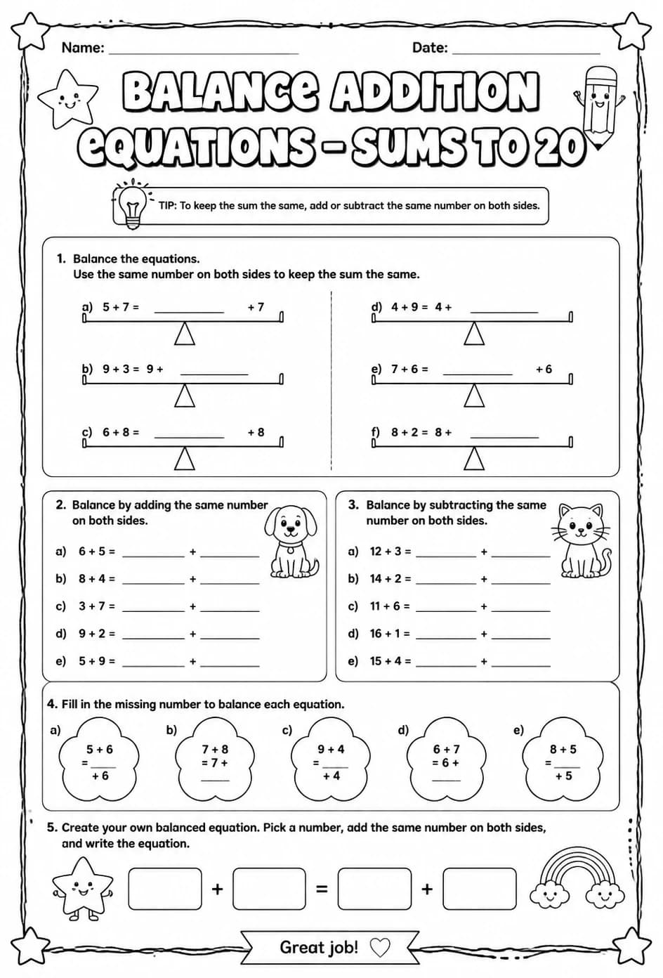 Balance addition equations - sums to 20 — free printable Grade 2 math worksheet