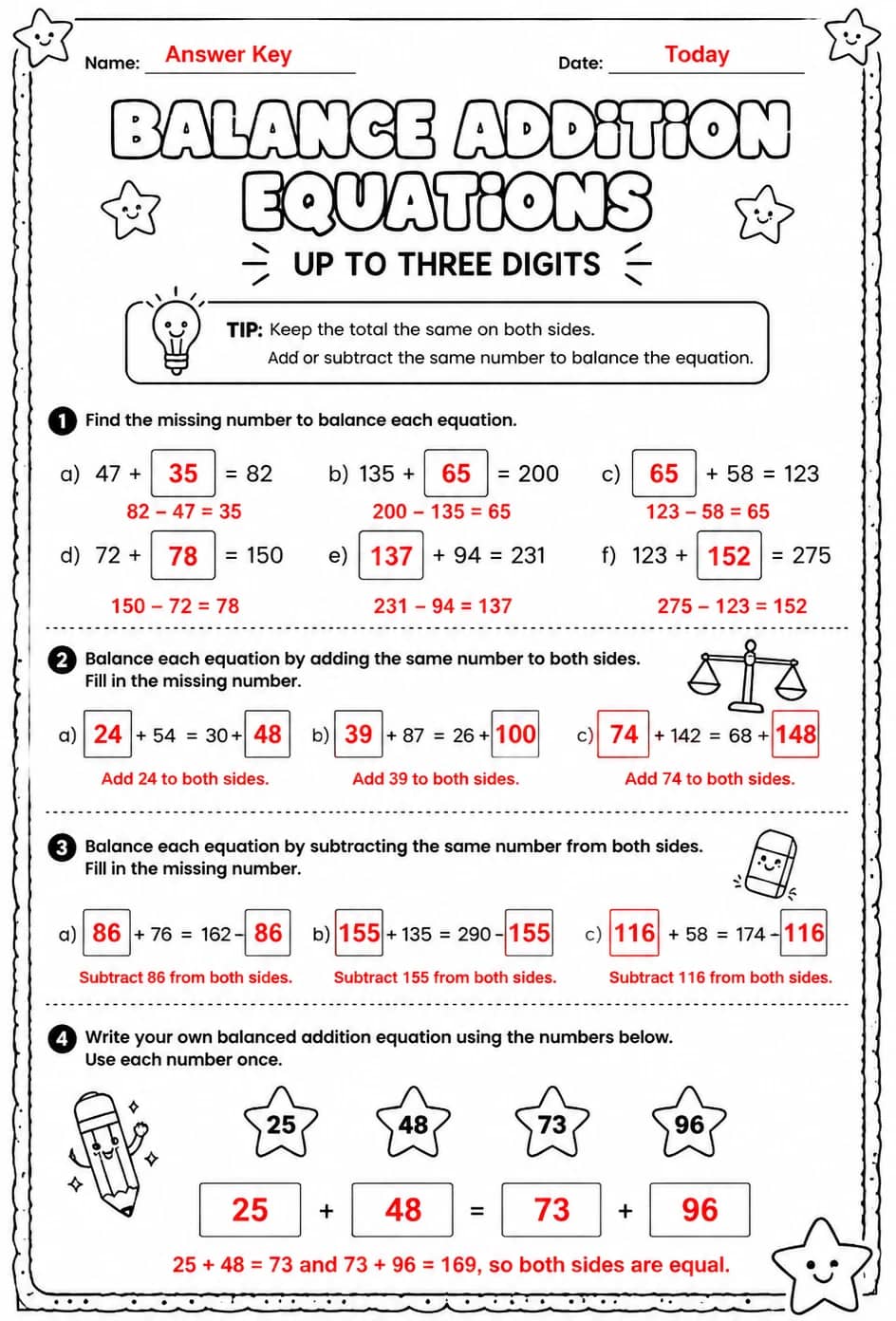 Answer key for Balance addition equations - up to three digits — free printable Math worksheet