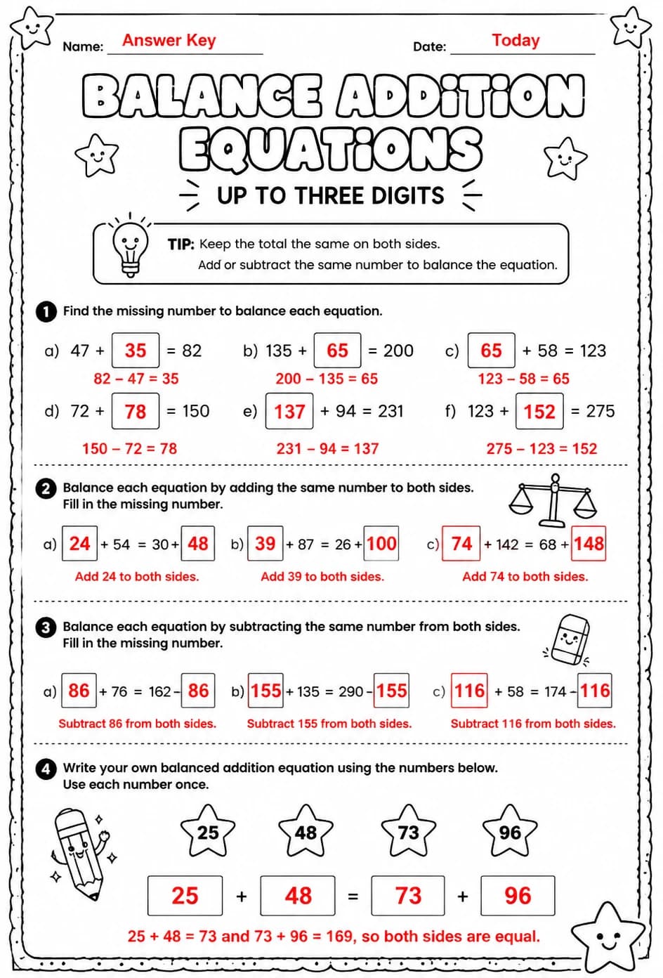 Answer key for Balance addition equations - up to three digits — free printable Math worksheet