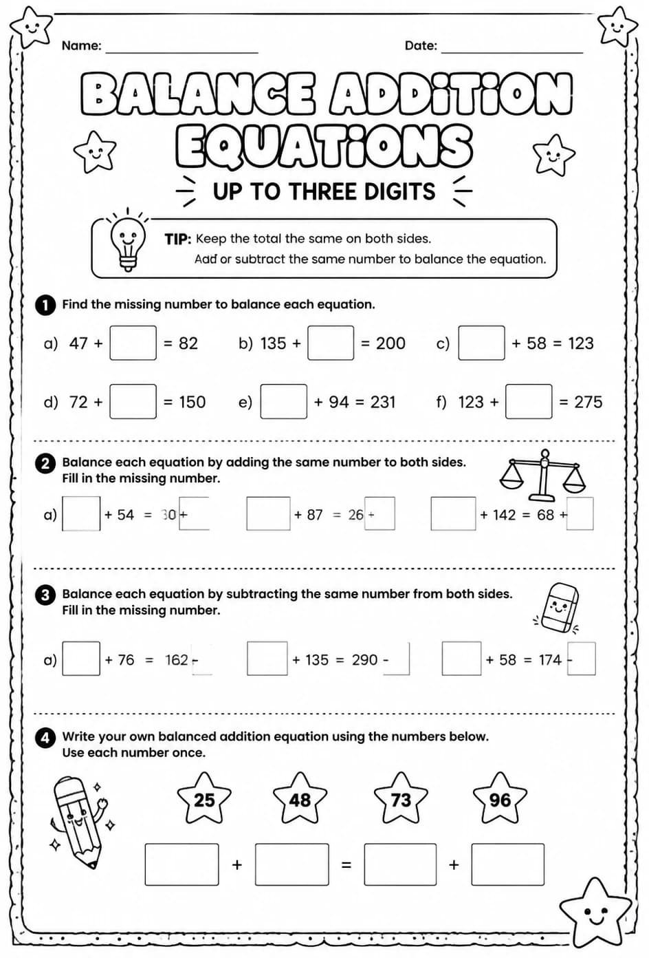 Balance addition equations - up to three digits — free printable Grade 2 math worksheet