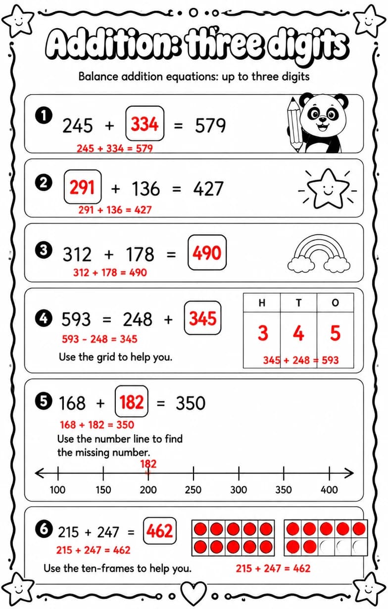Answer key for Balance addition equations: up to three digits — free printable Math worksheet