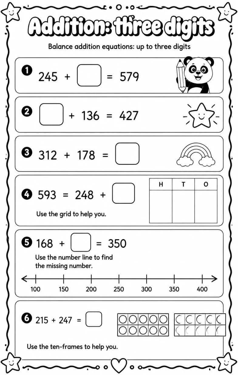 Balance addition equations: up to three digits — free printable Grade 3 math worksheet