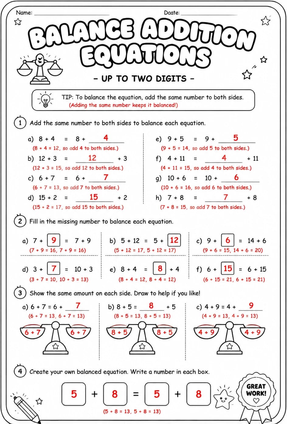 Answer key for Balance addition equations - up to two digits — free printable Math worksheet
