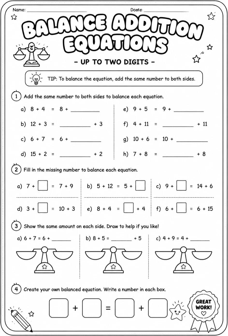 Balance addition equations - up to two digits — free printable Grade 2 math worksheet