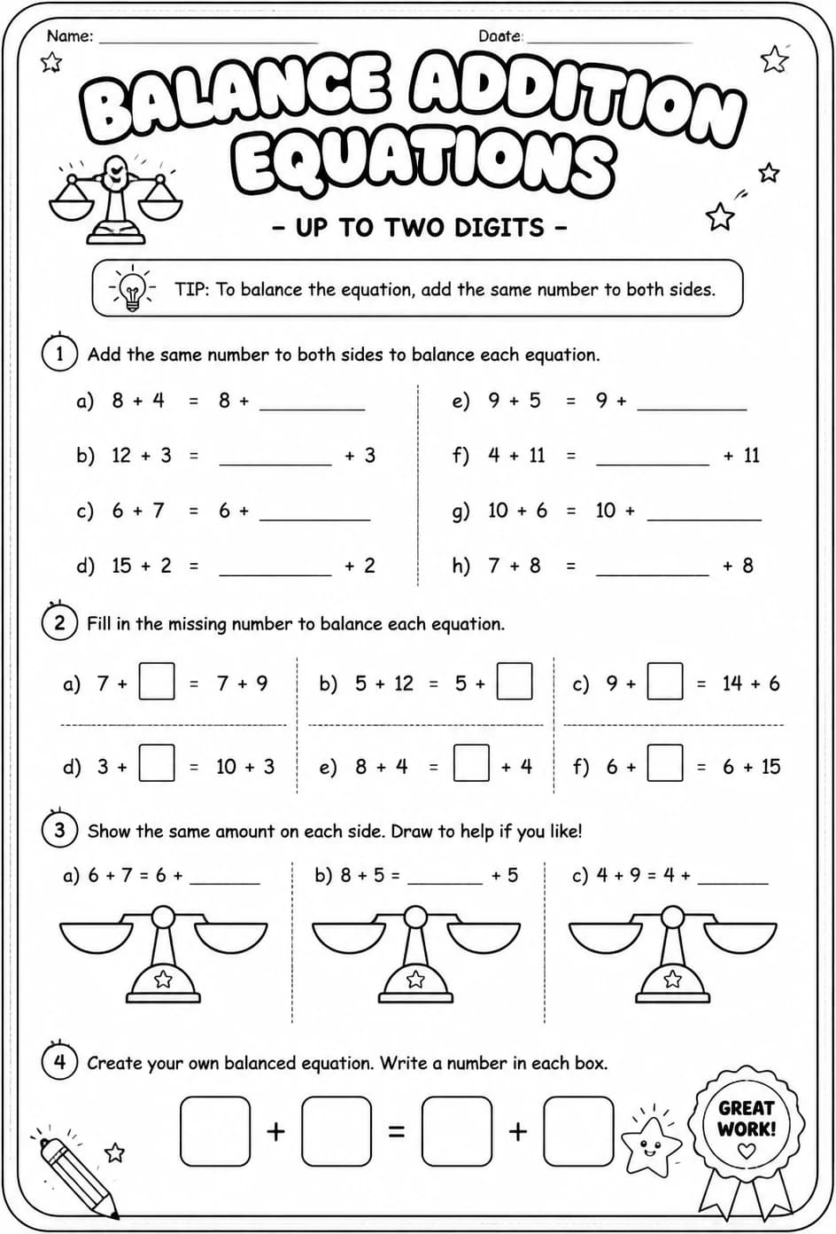 Balance addition equations - up to two digits — free printable Grade 2 math worksheet
