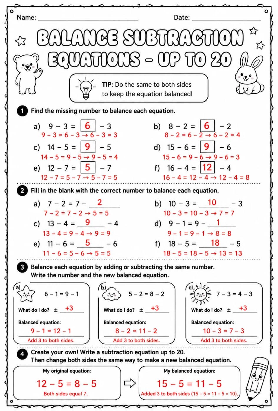 Answer key for Balance subtraction equations - up to 20 — free printable Math worksheet