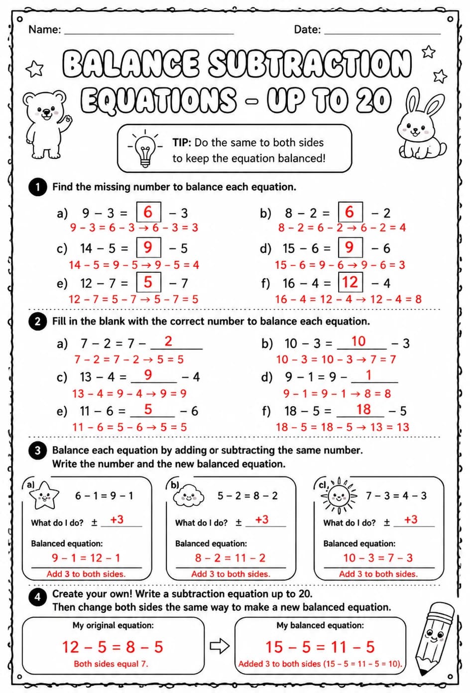 Answer key for Balance subtraction equations - up to 20 — free printable Math worksheet
