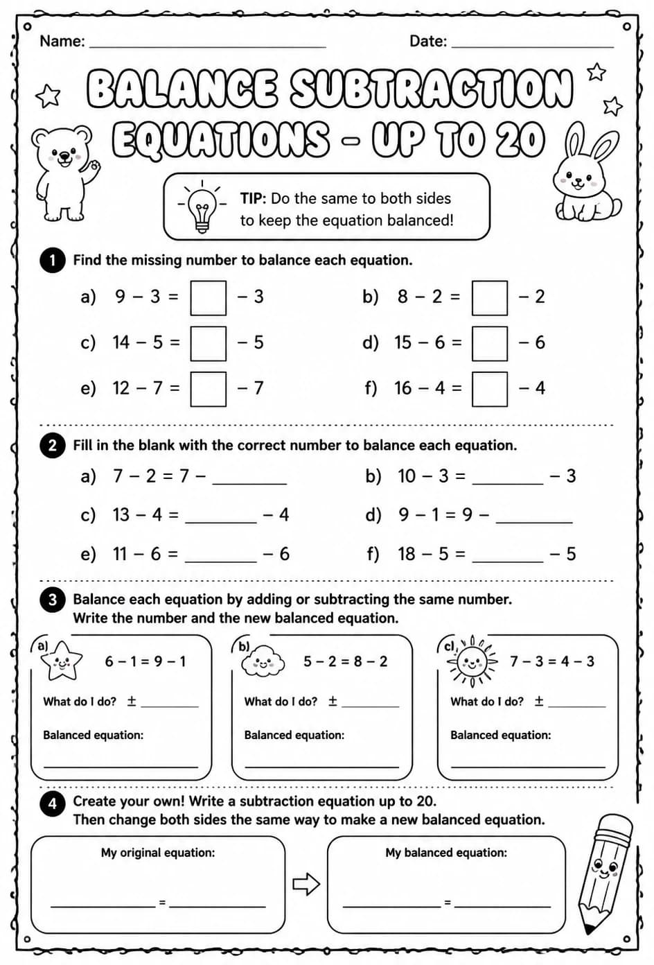 Balance subtraction equations - up to 20 — free printable Grade 2 math worksheet