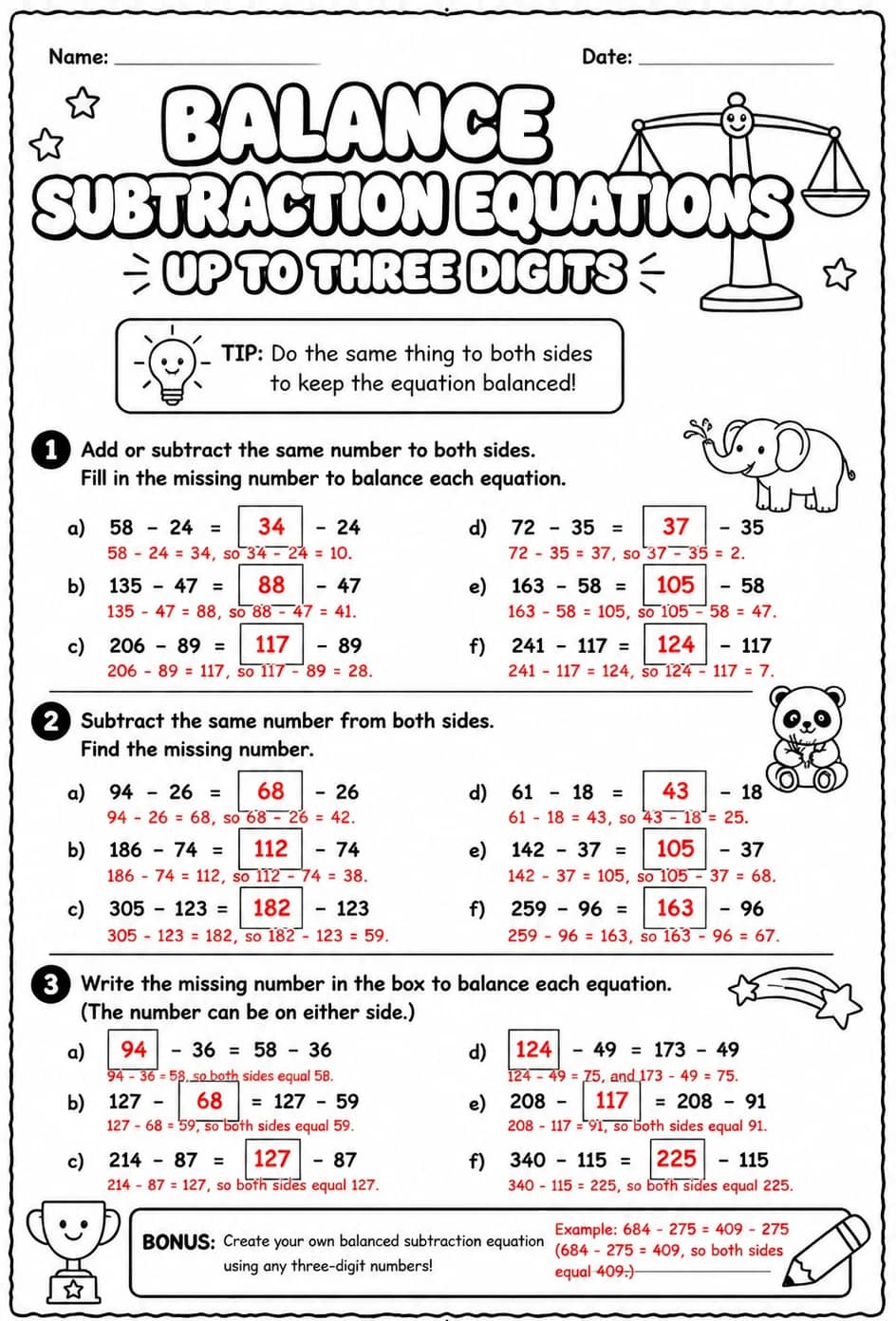 Answer key for Balance subtraction equations - up to three digits — free printable Math worksheet