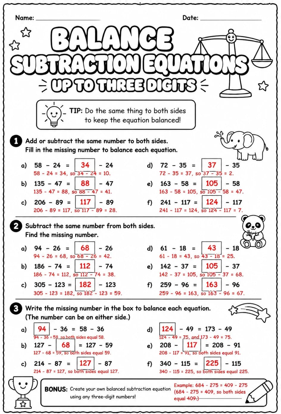 Answer key for Balance subtraction equations - up to three digits — free printable Math worksheet