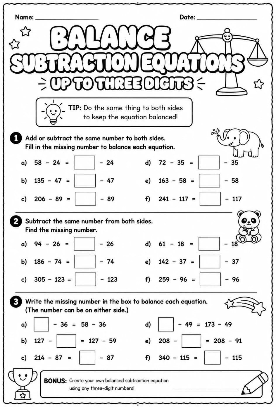 Balance subtraction equations - up to three digits — free printable Grade 2 math worksheet