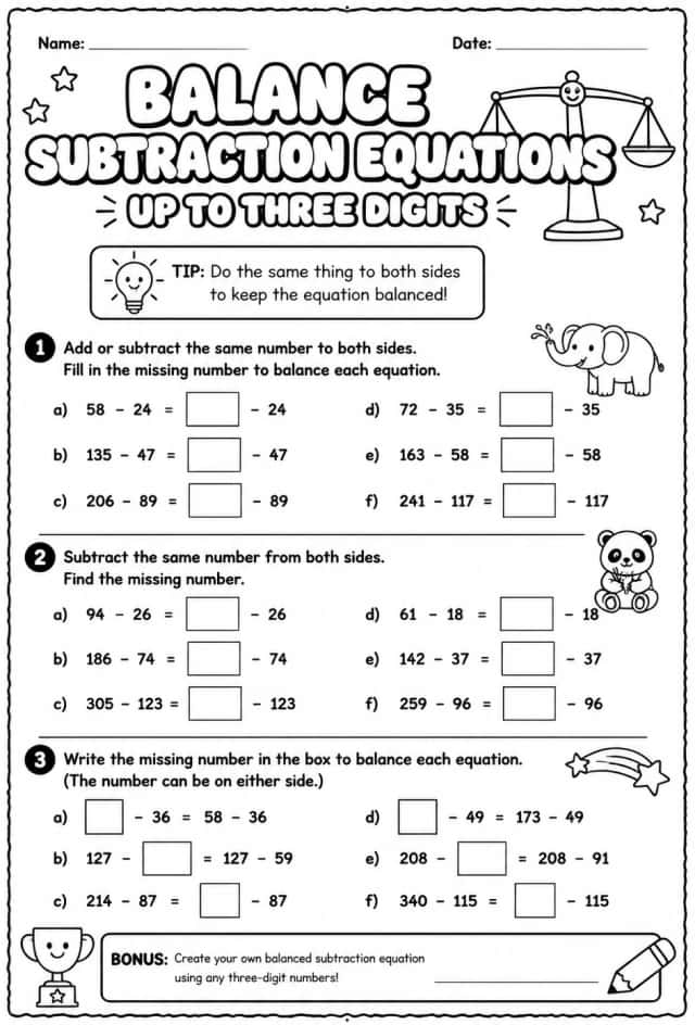 Balance subtraction equations - up to three digits