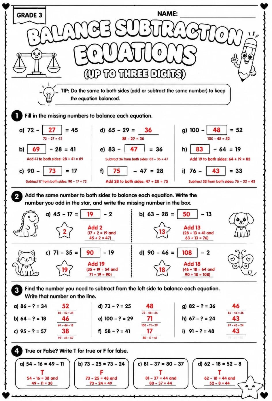Answer key for Balance subtraction equations: up to three digits — free printable Math worksheet