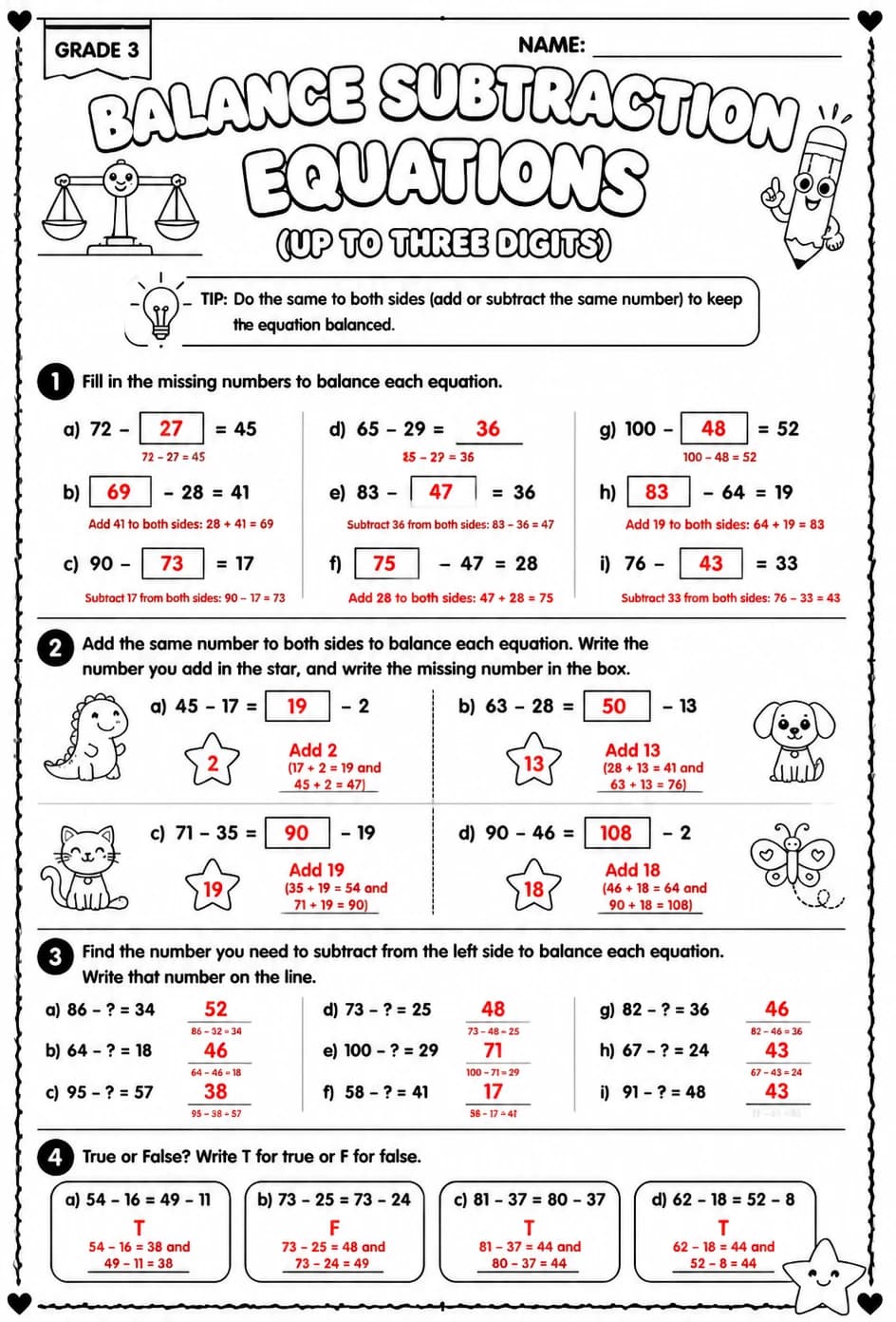 Answer key for Balance subtraction equations: up to three digits — free printable Math worksheet
