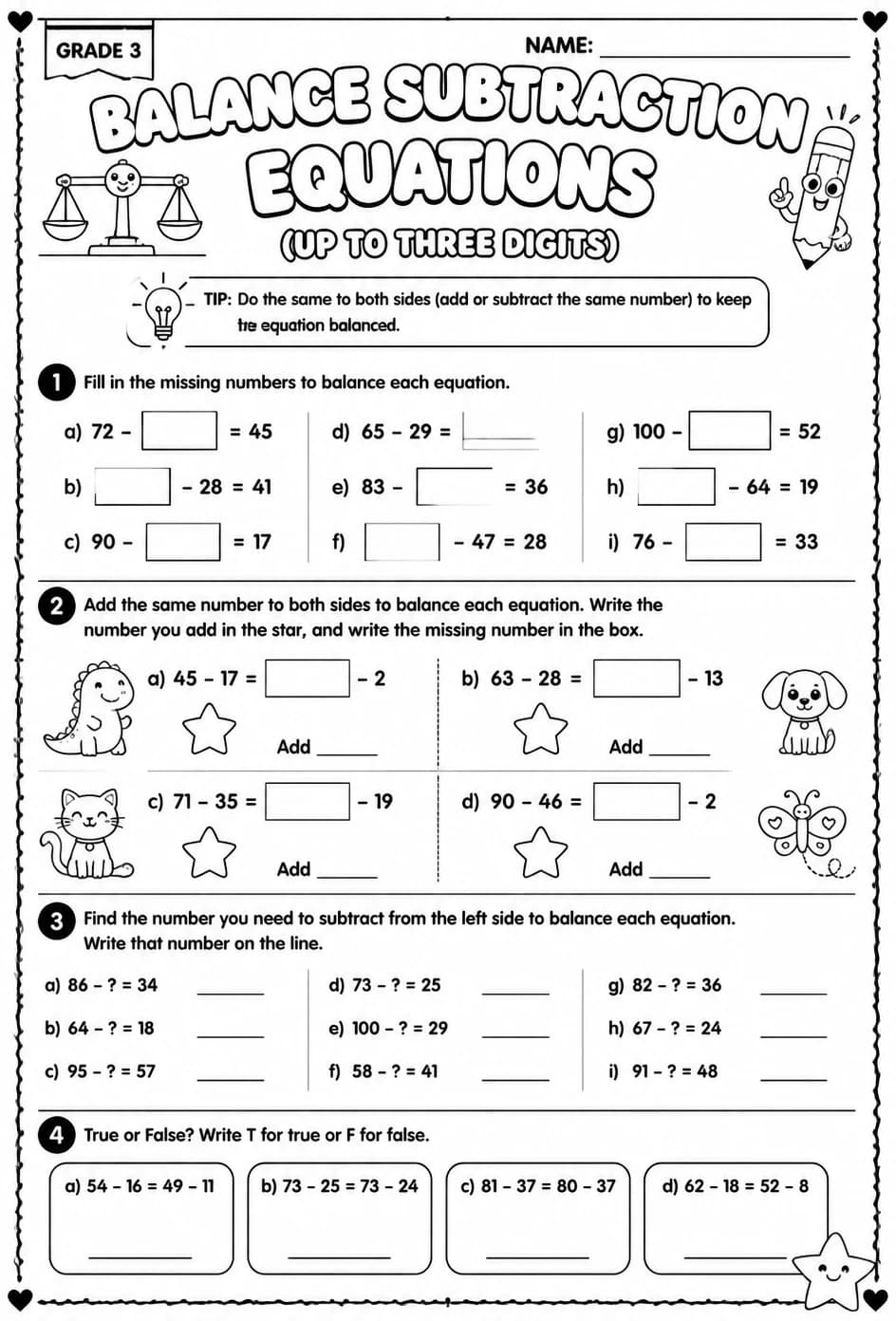Balance subtraction equations: up to three digits — free printable Grade 3 math worksheet