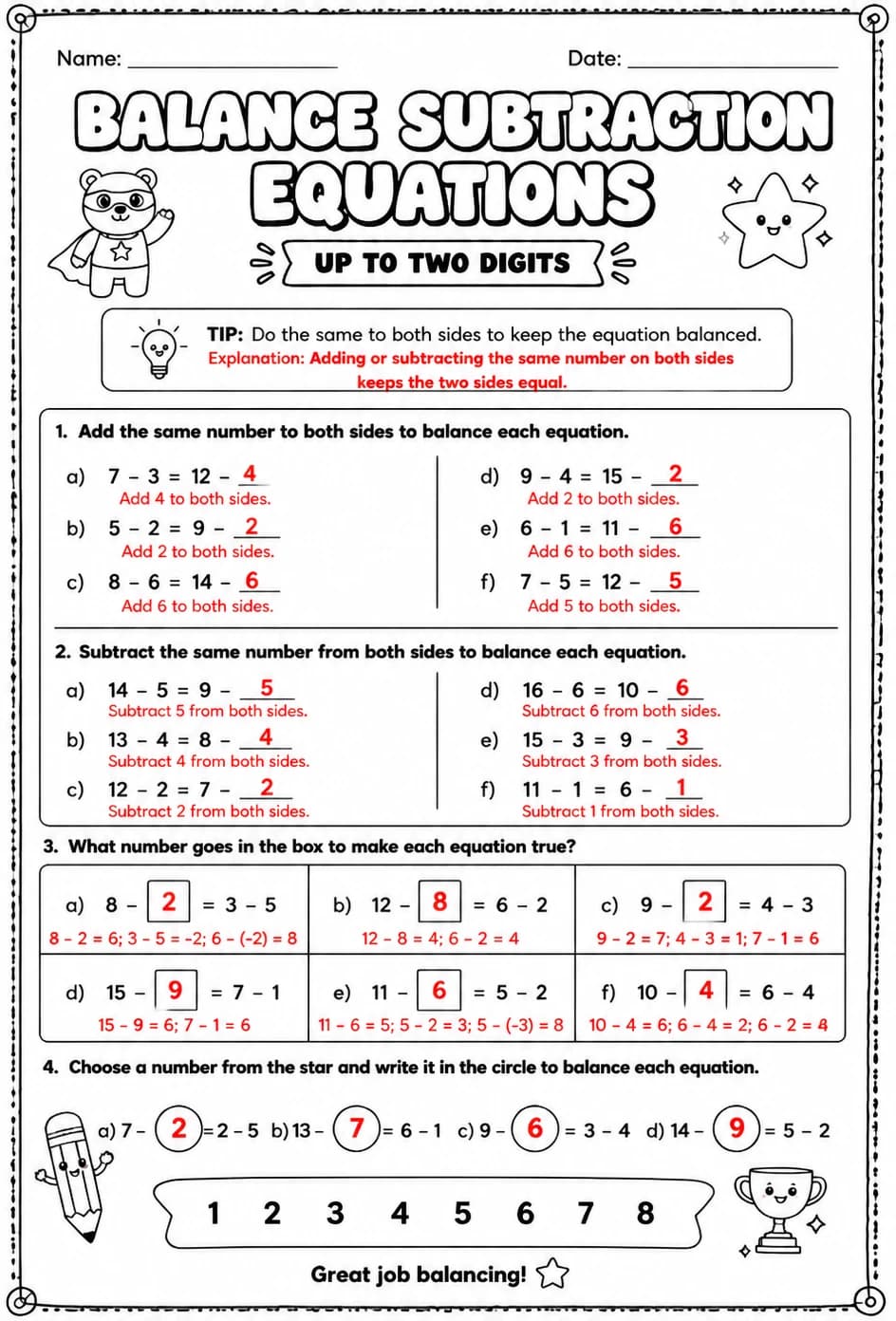 Answer key for Balance subtraction equations - up to two digits — free printable Math worksheet