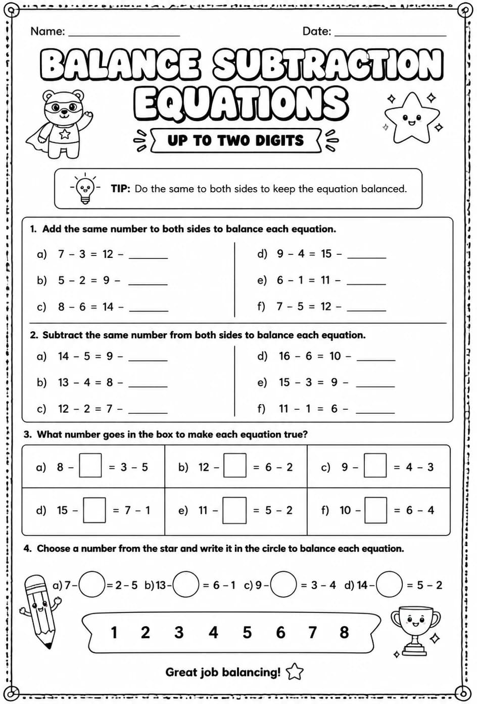 Balance subtraction equations - up to two digits