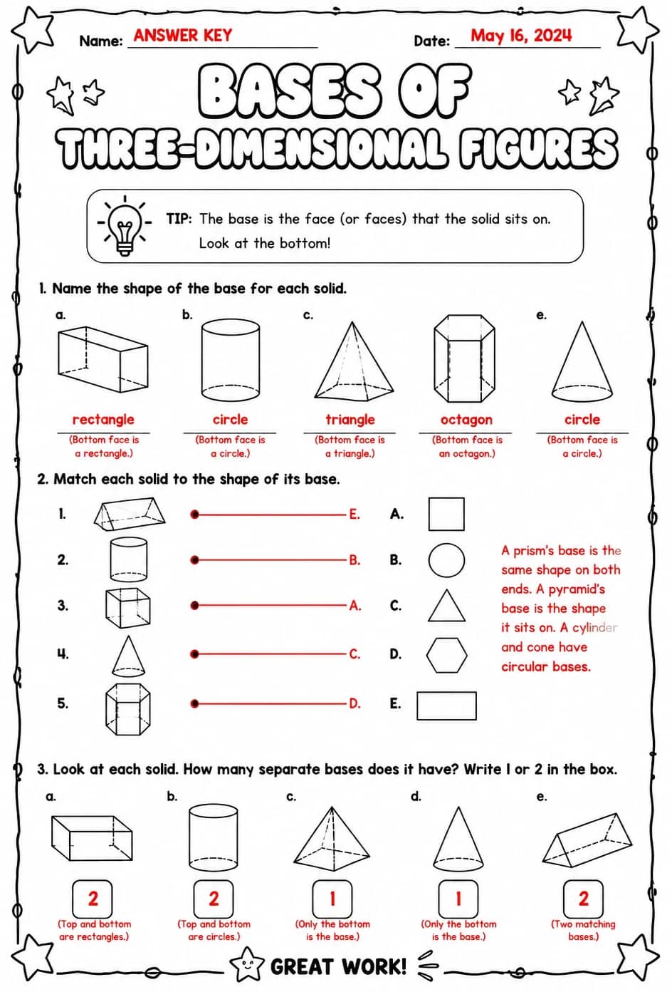 Answer key for Bases of three-dimensional figures — free printable Math worksheet