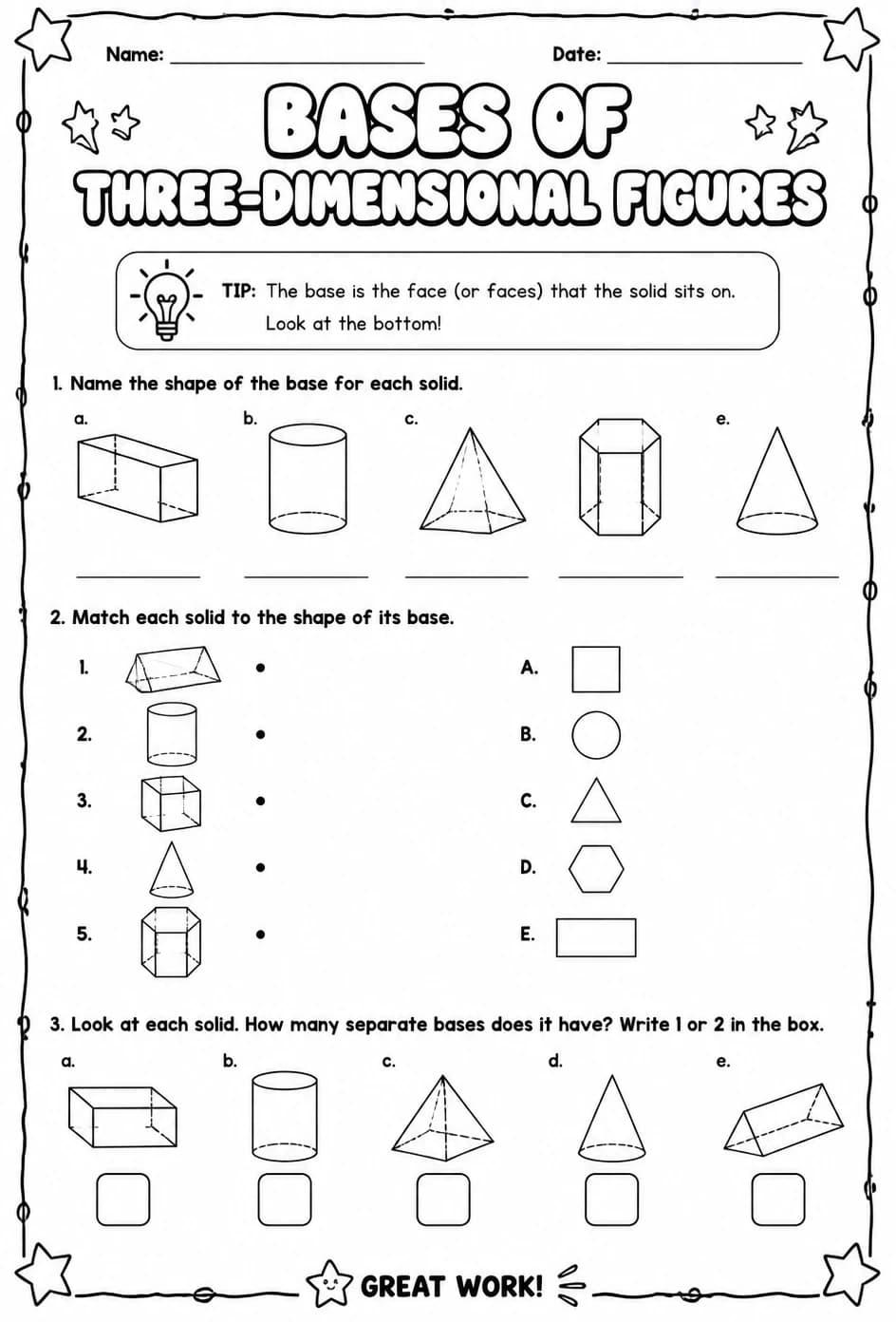 Bases of three-dimensional figures — free printable Grade 7 math worksheet
