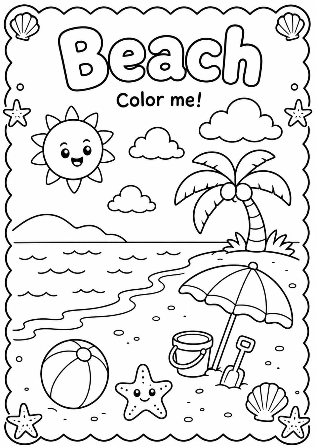 Beach Coloring Pages — free printable Kindergarten Art worksheet
